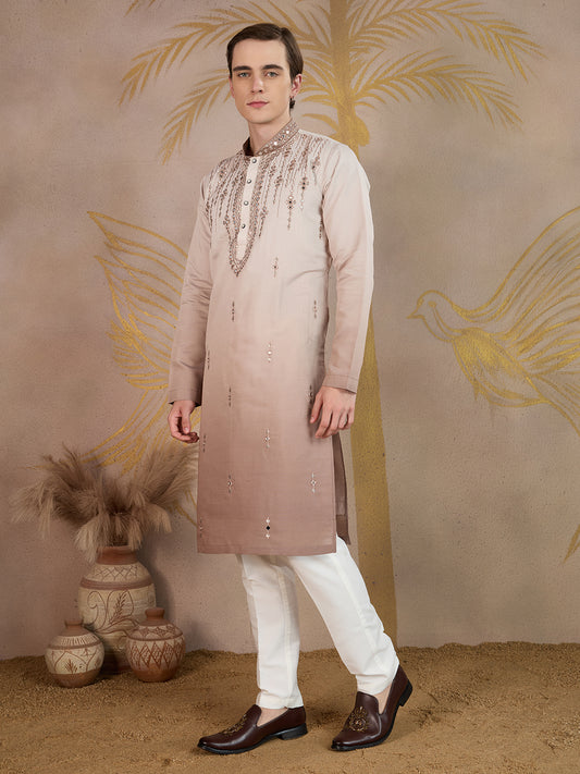 LIGHT BROWN MIRROR WORK OMBRE KURTA SET