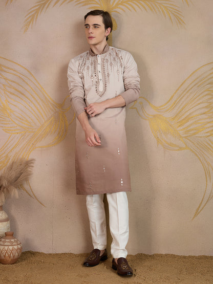 LIGHT BROWN MIRROR WORK OMBRE KURTA SET