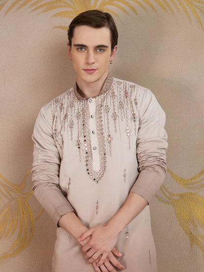 LIGHT BROWN MIRROR WORK OMBRE KURTA SET