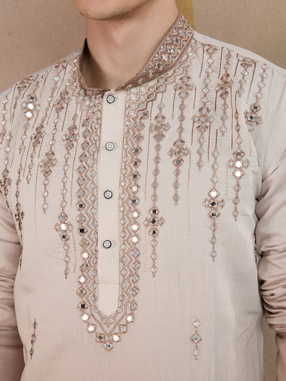 LIGHT BROWN MIRROR WORK OMBRE KURTA SET