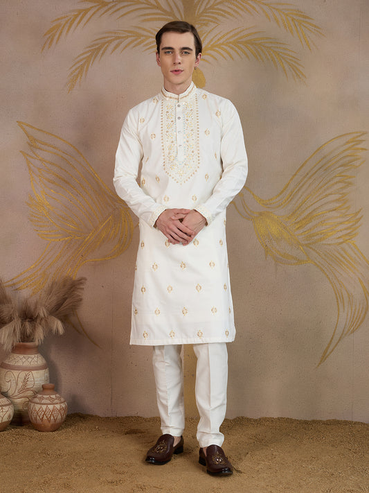 OFF WHITE NECK WORK KURTA SET