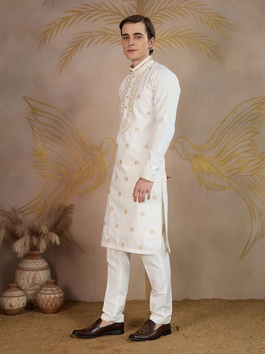 OFF WHITE NECK WORK KURTA SET