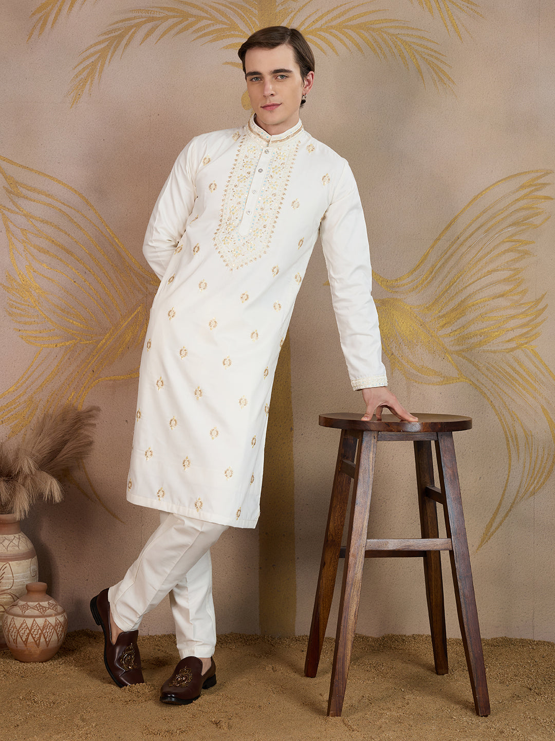 OFF WHITE NECK WORK KURTA SET