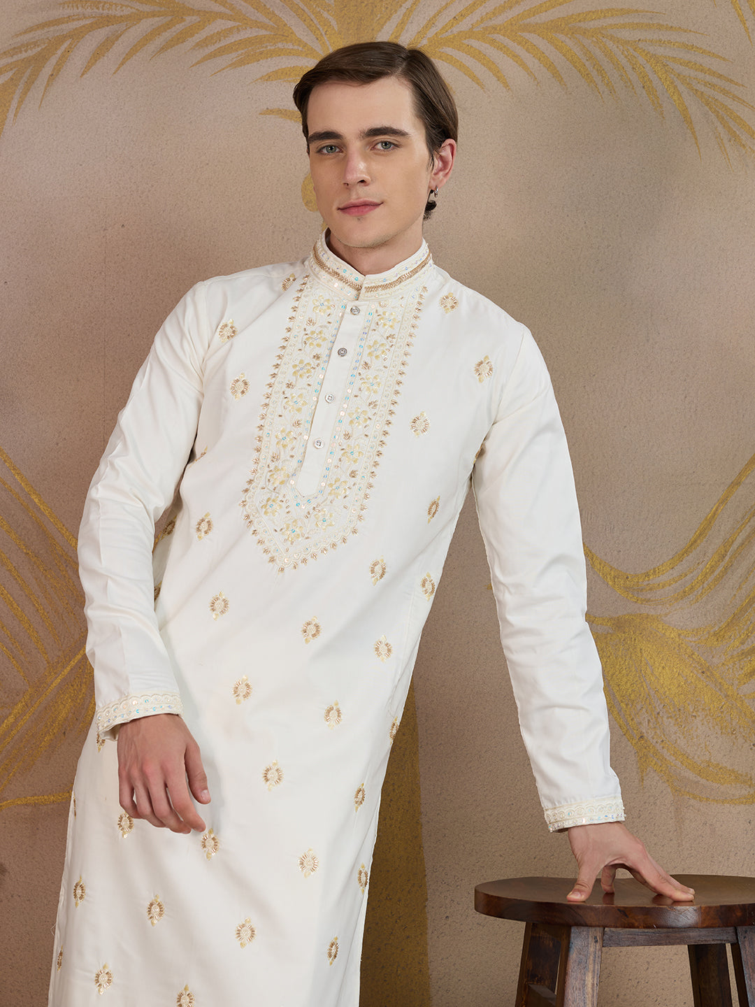 OFF WHITE NECK WORK KURTA SET