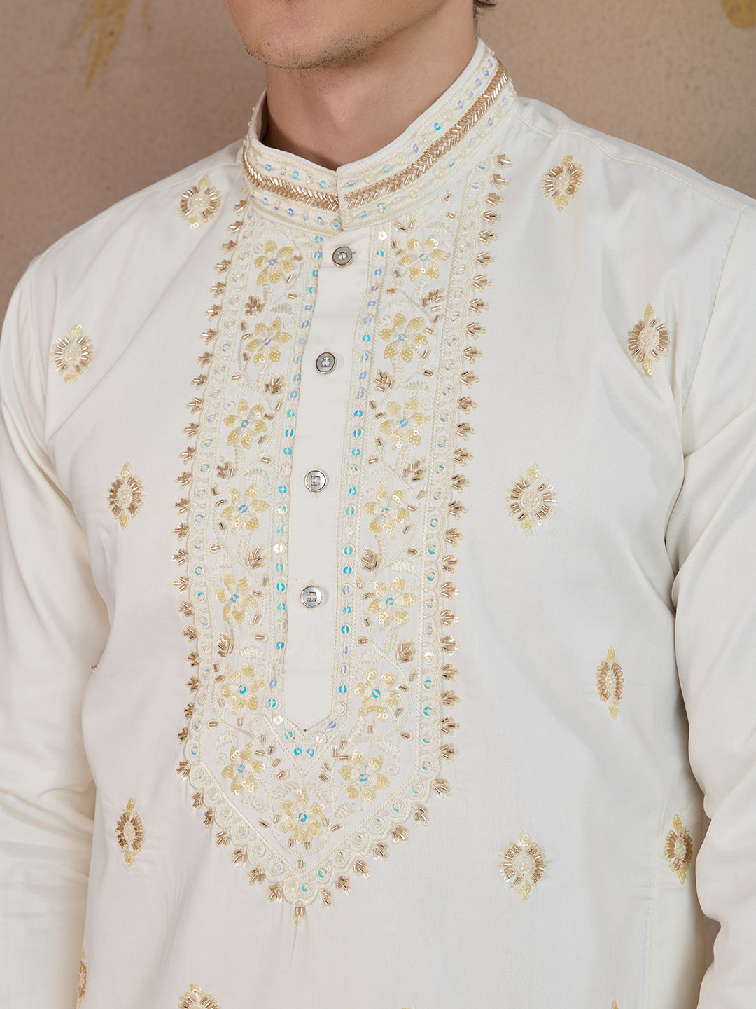 OFF WHITE NECK WORK KURTA SET