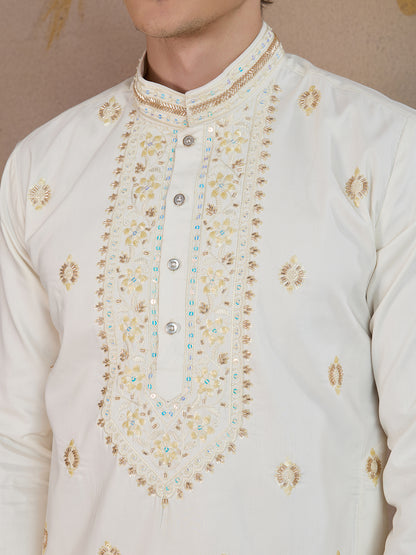 OFF WHITE NECK WORK KURTA SET
