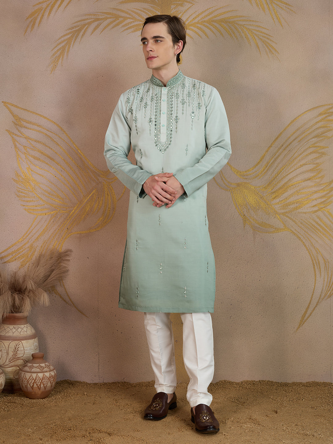 LIGHT SEA GREEN MIRROR WORK OMBRE KURTA SET