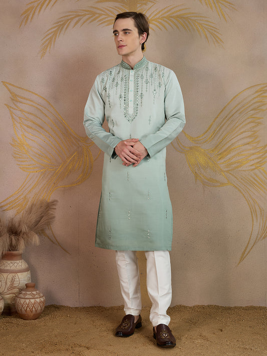 LIGHT SEA GREEN MIRROR WORK OMBRE KURTA SET