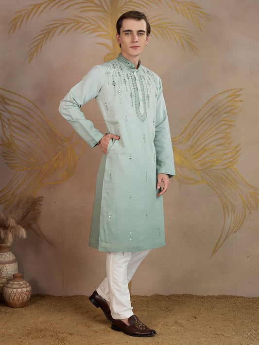 LIGHT SEA GREEN MIRROR WORK OMBRE KURTA SET