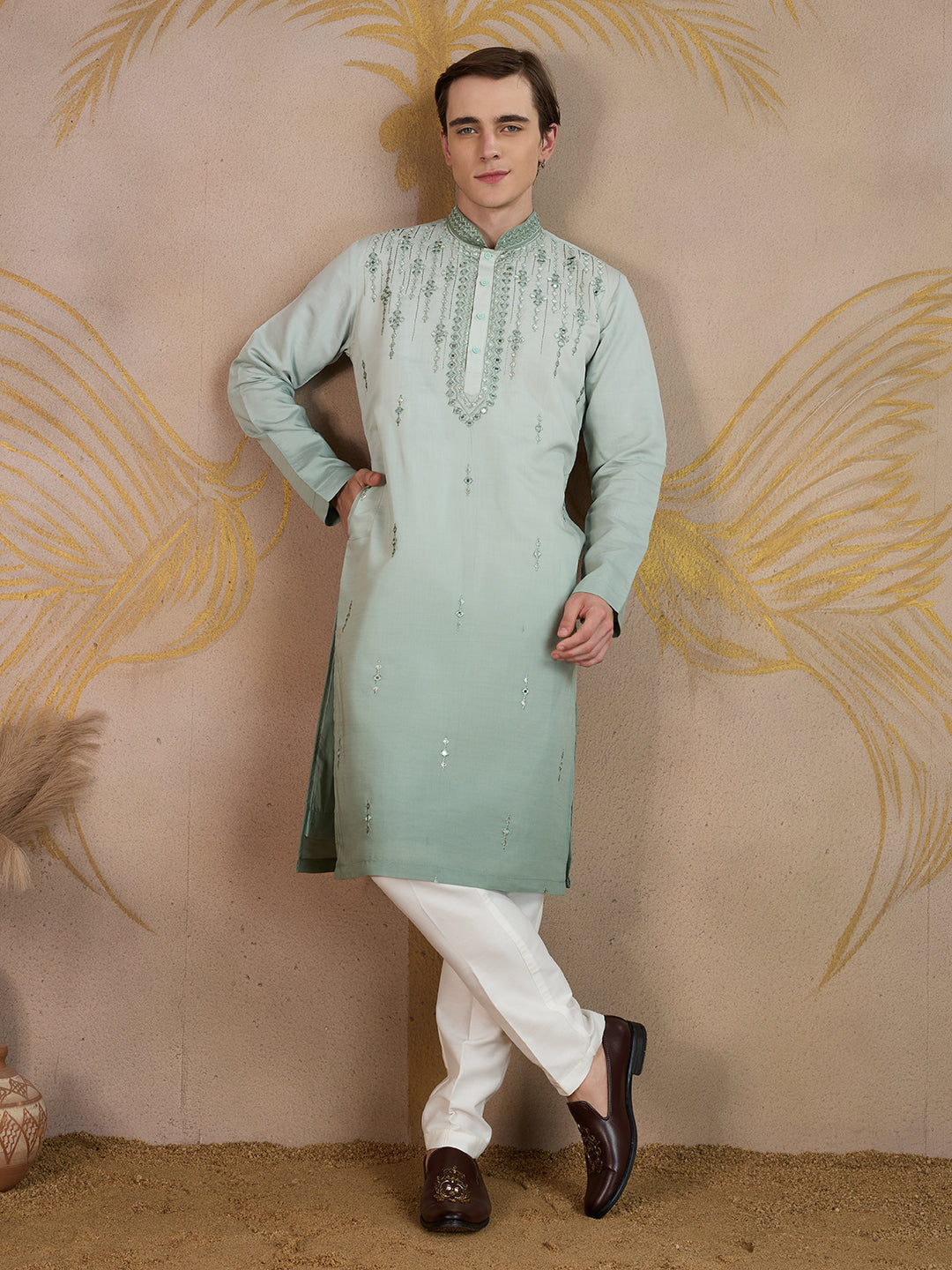 LIGHT SEA GREEN MIRROR WORK OMBRE KURTA SET