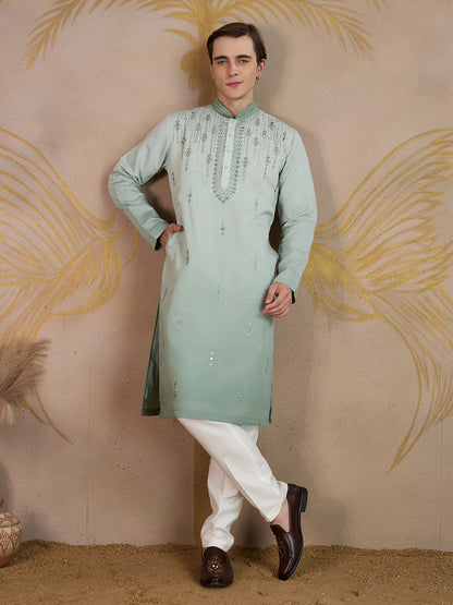 LIGHT SEA GREEN MIRROR WORK OMBRE KURTA SET