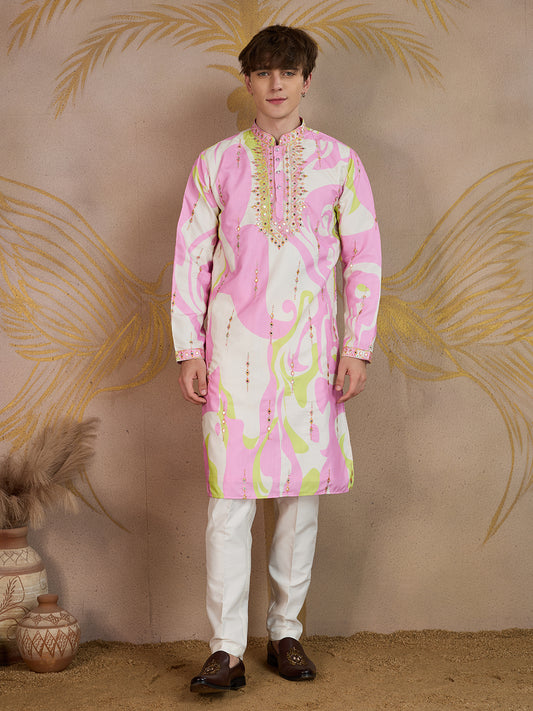 ROSE PINK ABSTRACT PRINT AND EMBROIDERY WORK KURTA SET
