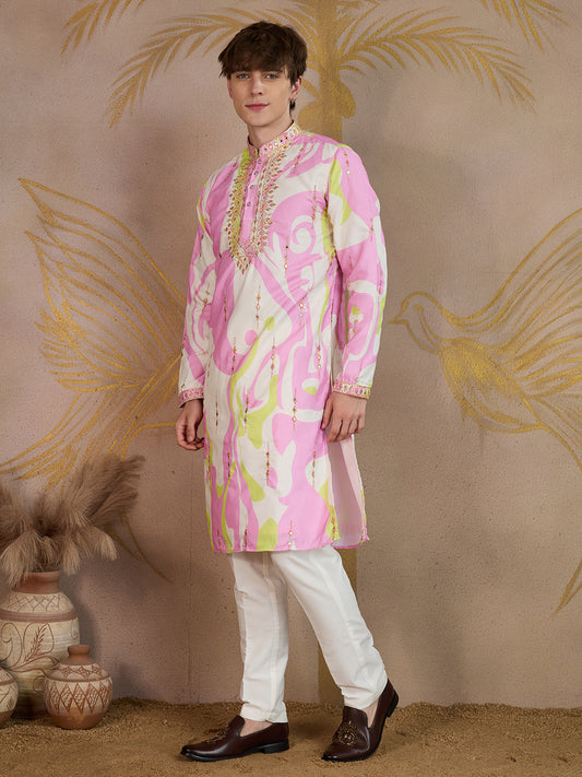 ROSE PINK ABSTRACT PRINT AND EMBROIDERY WORK KURTA SET
