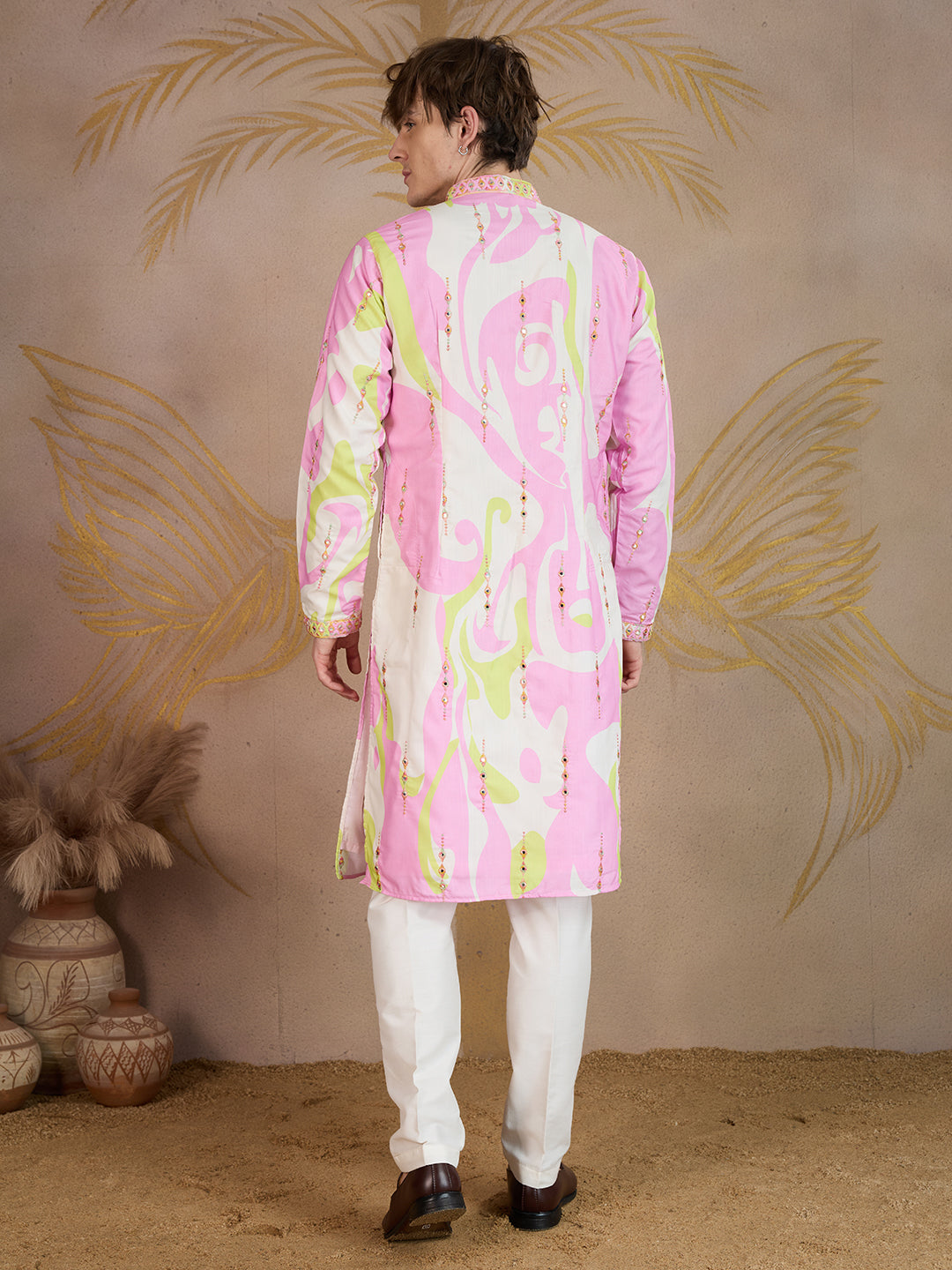 ROSE PINK ABSTRACT PRINT AND EMBROIDERY WORK KURTA SET