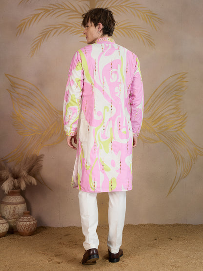 ROSE PINK ABSTRACT PRINT AND EMBROIDERY WORK KURTA SET