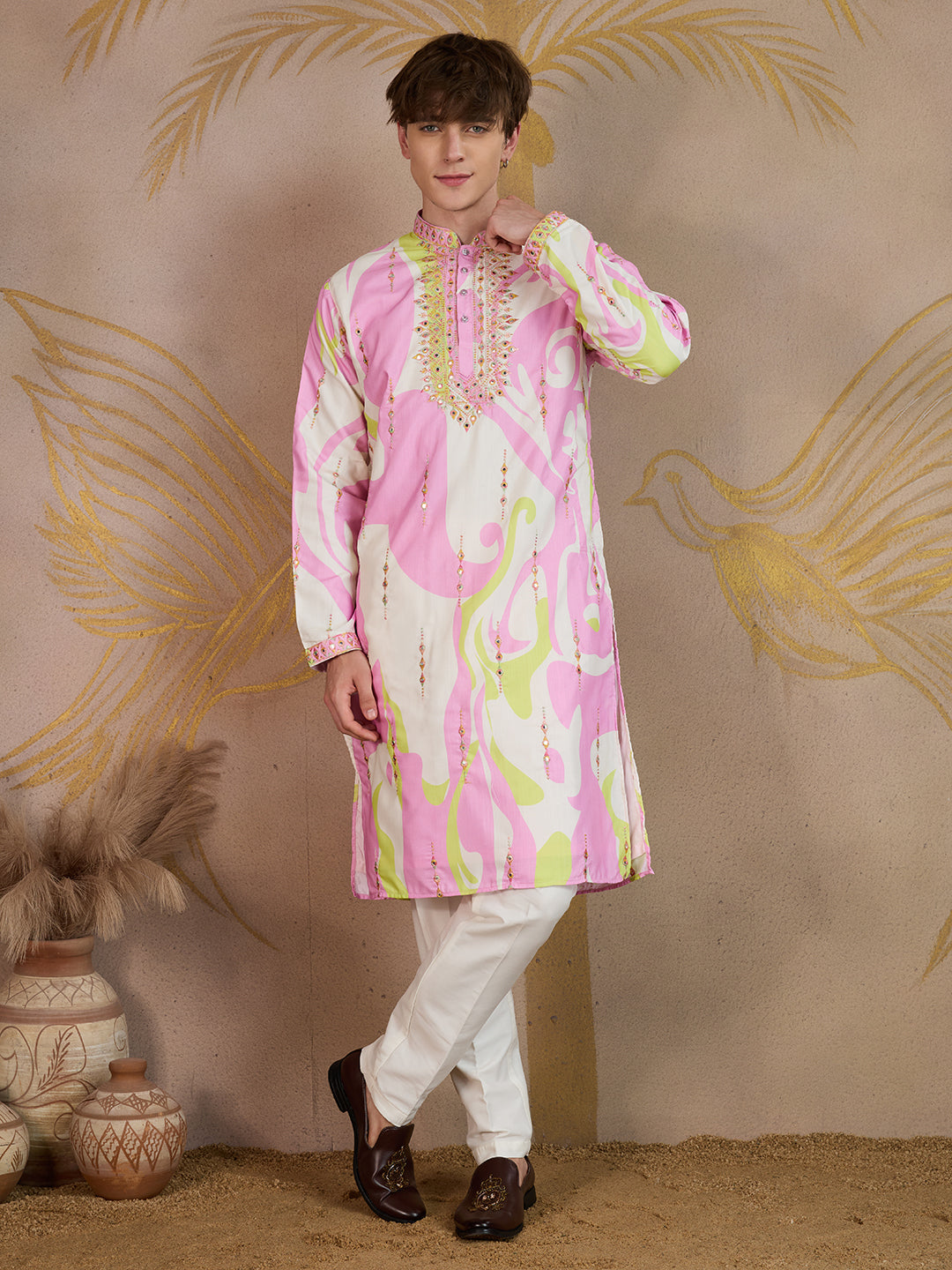ROSE PINK ABSTRACT PRINT AND EMBROIDERY WORK KURTA SET