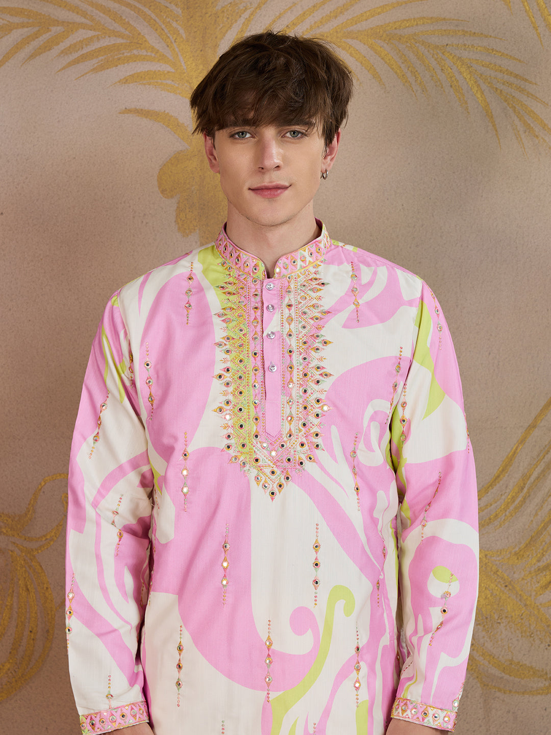 ROSE PINK ABSTRACT PRINT AND EMBROIDERY WORK KURTA SET