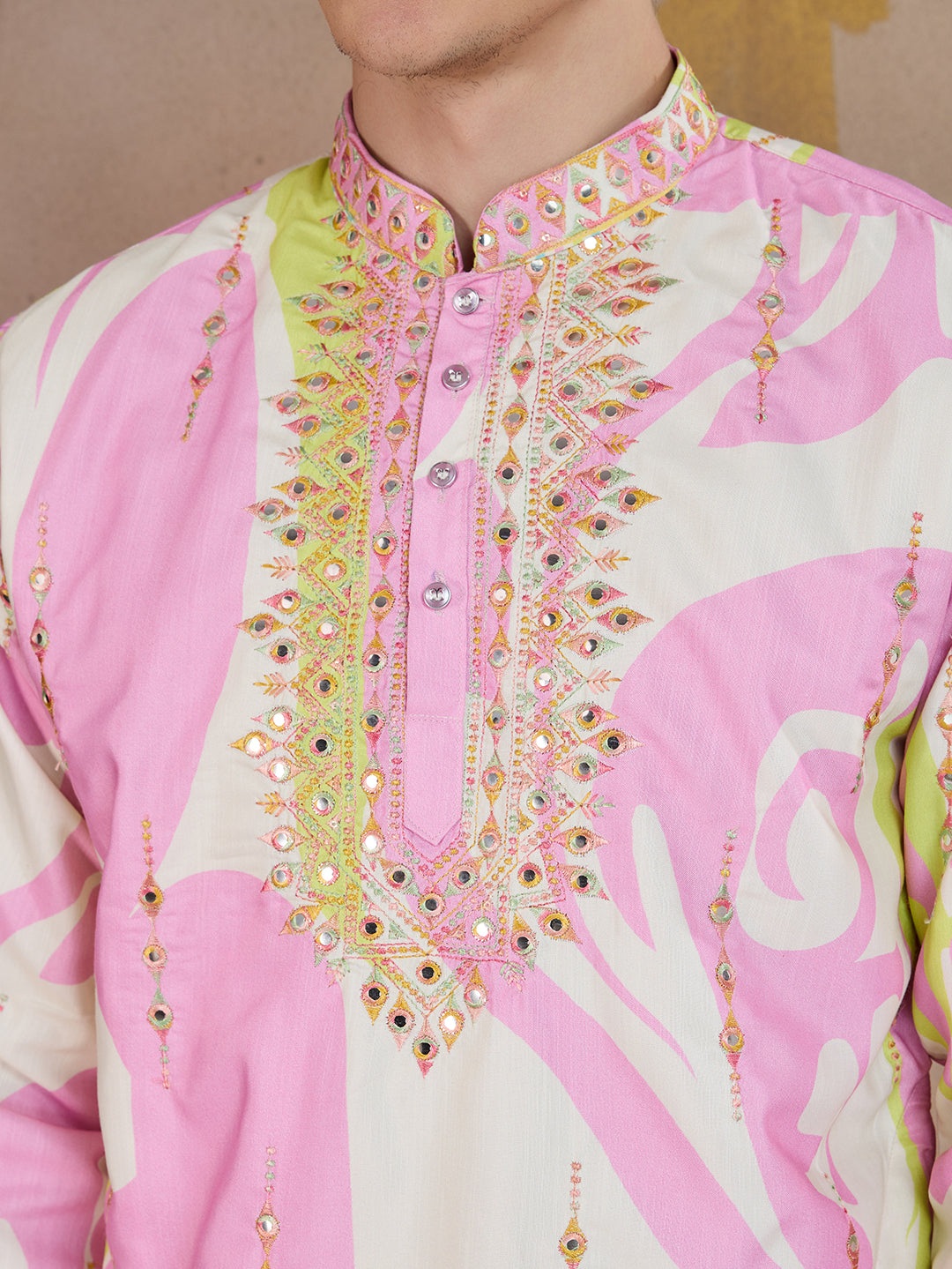 ROSE PINK ABSTRACT PRINT AND EMBROIDERY WORK KURTA SET