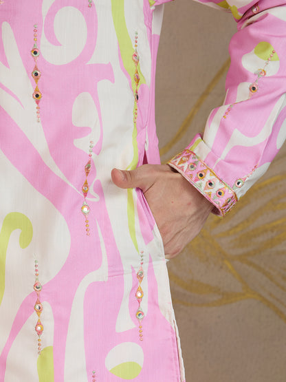 ROSE PINK ABSTRACT PRINT AND EMBROIDERY WORK KURTA SET