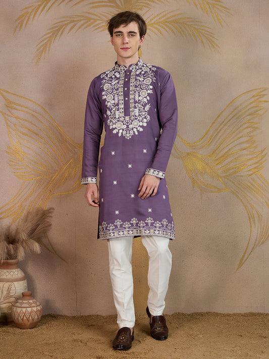 ELEGANT VIOLET FLORAL EMBROIDERY KURTA SET