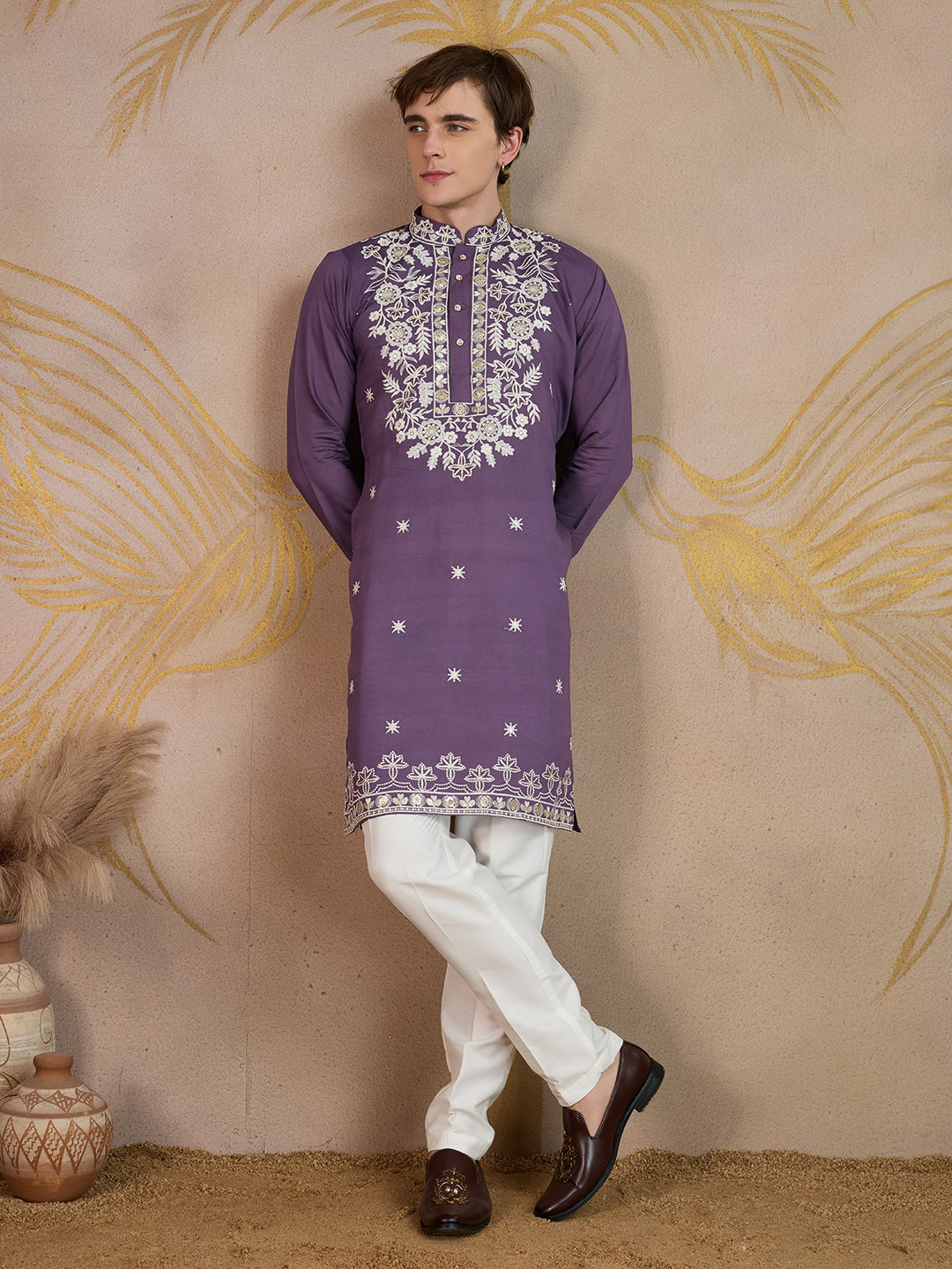 ELEGANT VIOLET FLORAL EMBROIDERY KURTA SET
