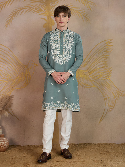 BRIGHT TEAL FLORAL EMBROIDERY KURTA SET