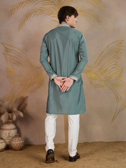 BRIGHT TEAL FLORAL EMBROIDERY KURTA SET