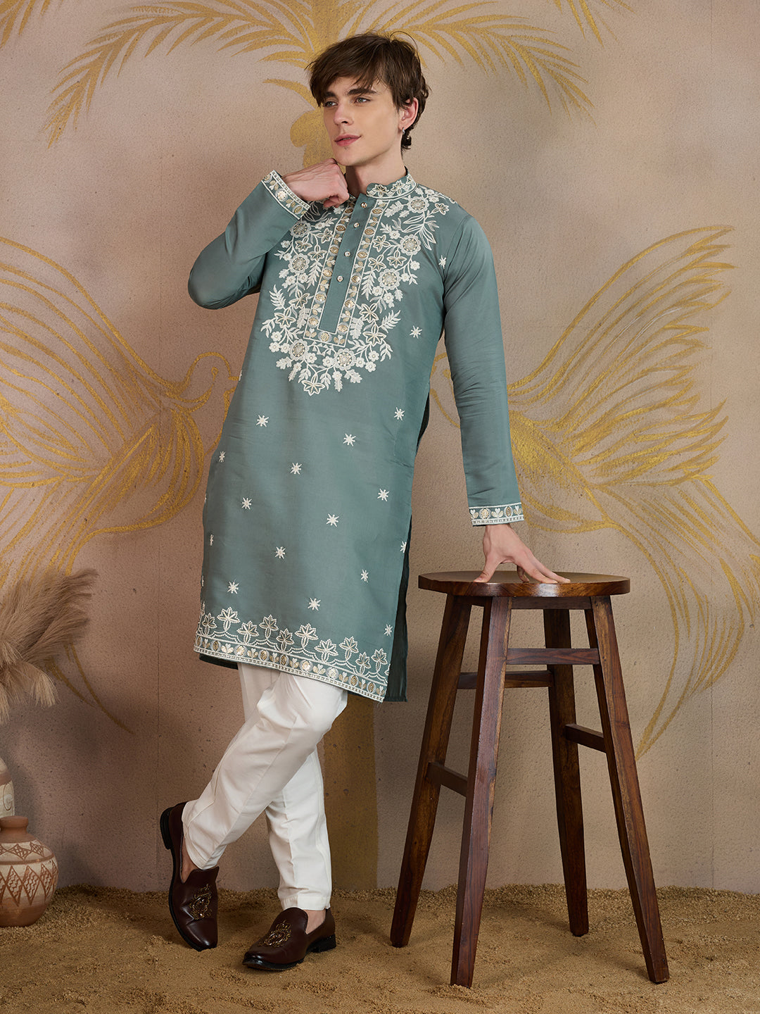 BRIGHT TEAL FLORAL EMBROIDERY KURTA SET