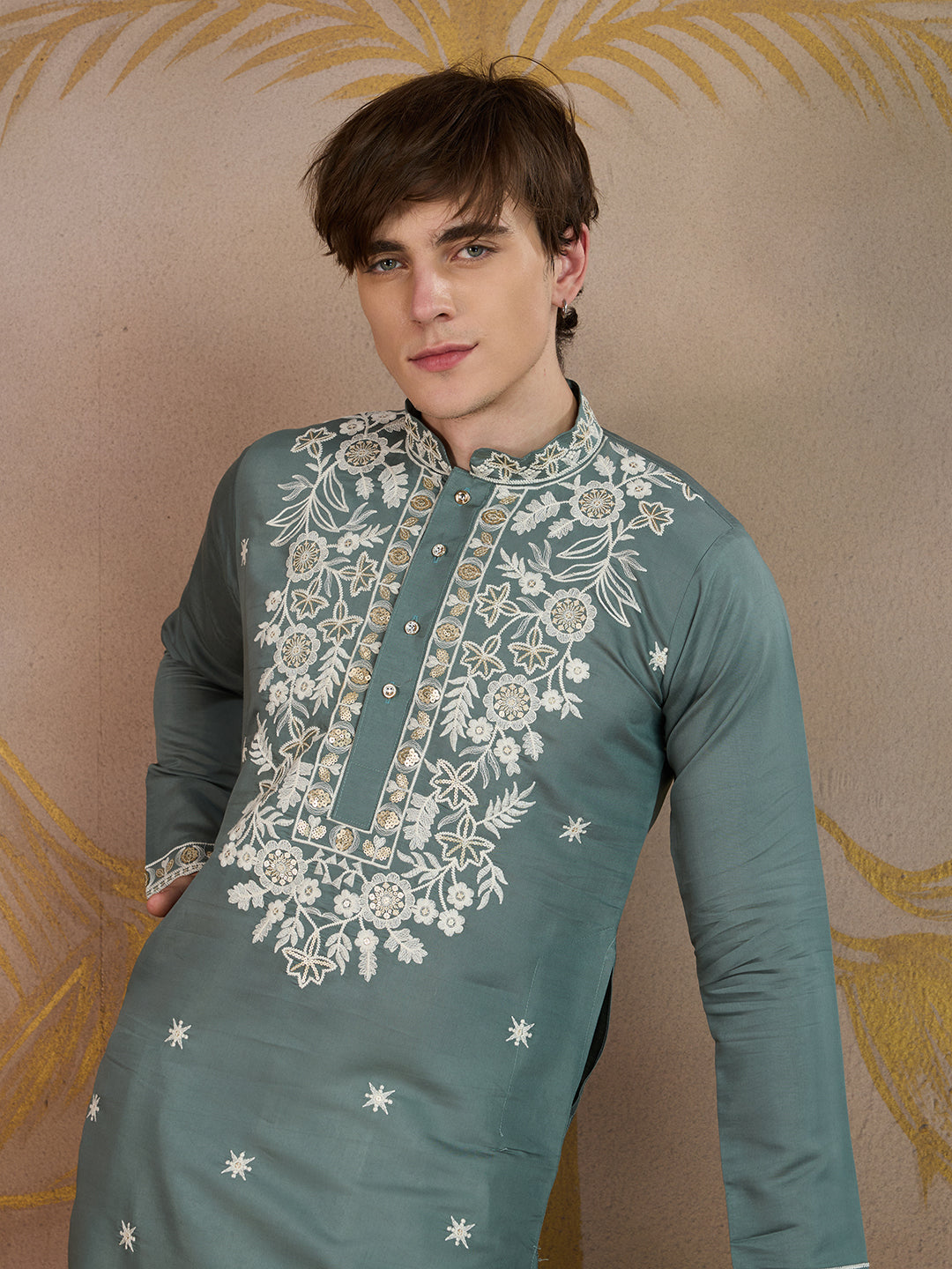 BRIGHT TEAL FLORAL EMBROIDERY KURTA SET