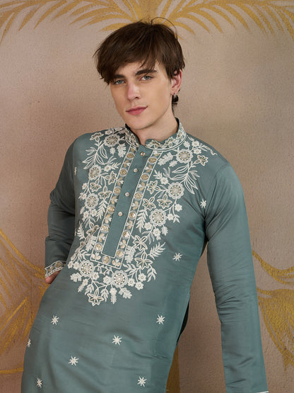 BRIGHT TEAL FLORAL EMBROIDERY KURTA SET