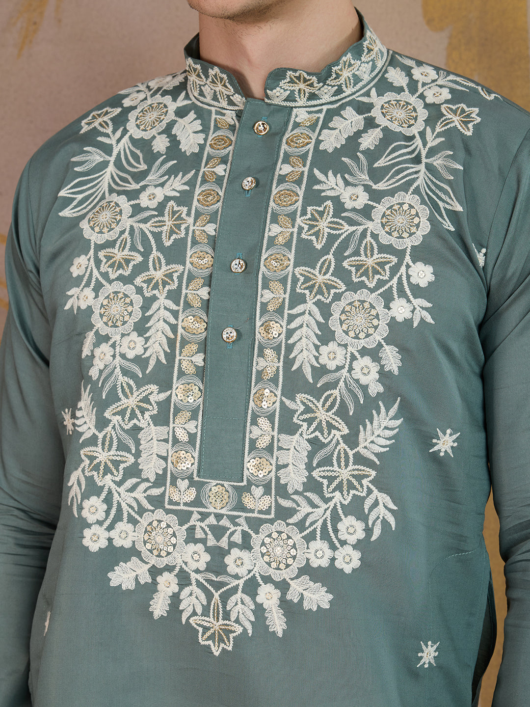BRIGHT TEAL FLORAL EMBROIDERY KURTA SET