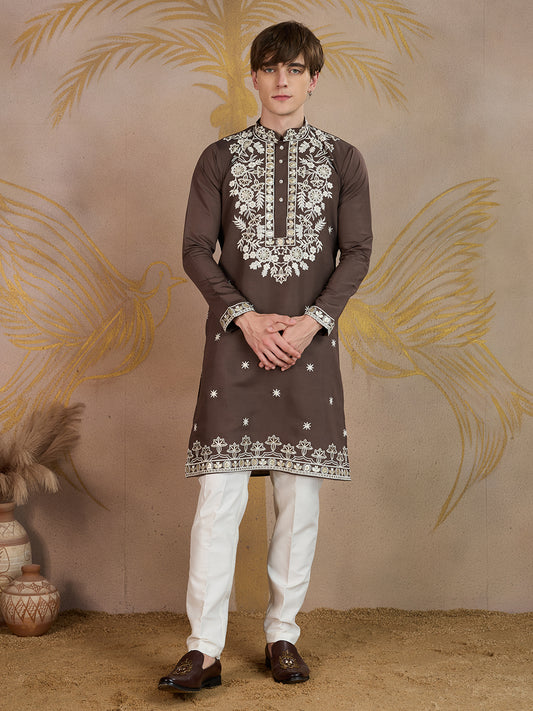 WALNUT FLORAL EMBROIDERY KURTA SET