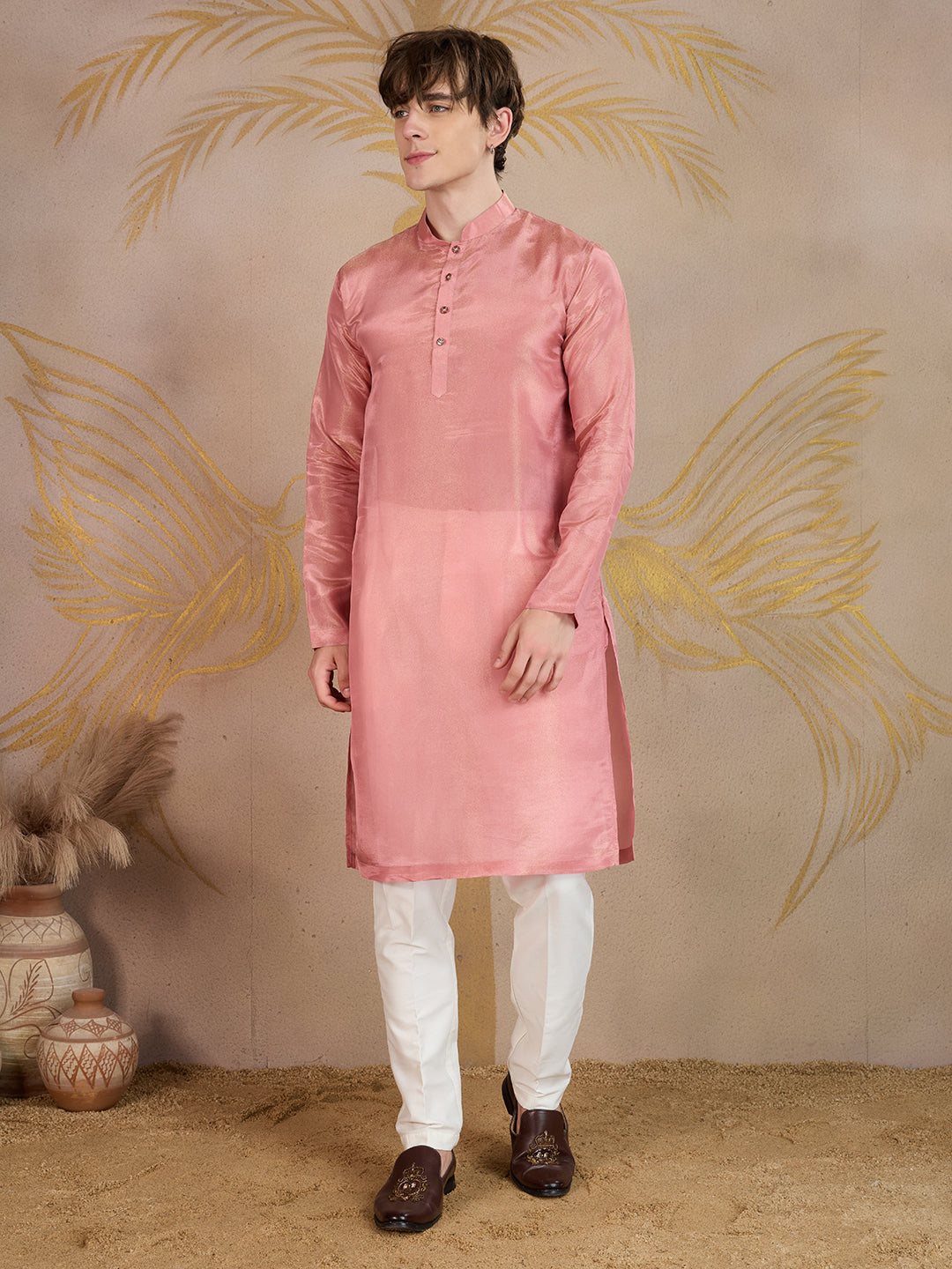 BLUSH PINK KURTA SET WITH MULTICOLOUR JEKARD NEHRU JACKET