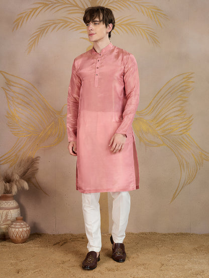 BLUSH PINK KURTA SET WITH MULTICOLOUR JEKARD NEHRU JACKET