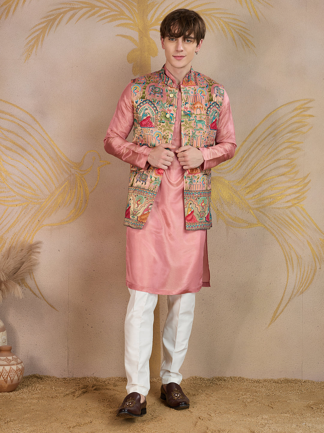 BLUSH PINK KURTA SET WITH MULTICOLOUR JEKARD NEHRU JACKET
