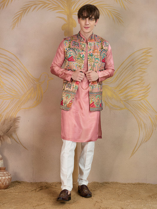 BLUSH PINK KURTA SET WITH MULTICOLOUR JEKARD NEHRU JACKET
