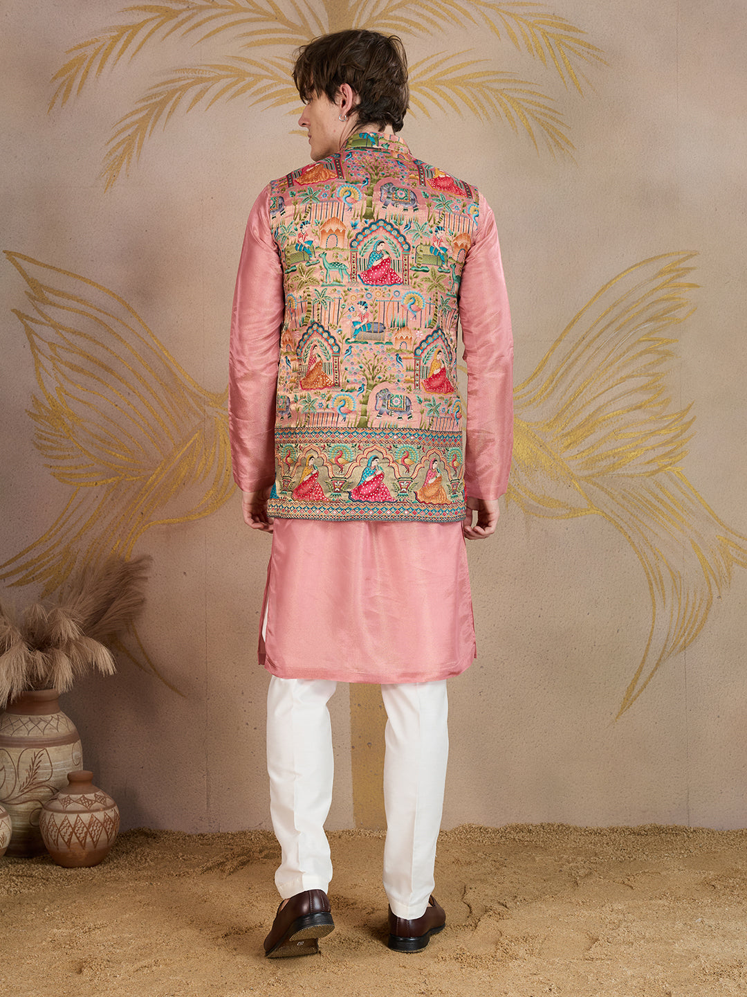 BLUSH PINK KURTA SET WITH MULTICOLOUR JEKARD NEHRU JACKET