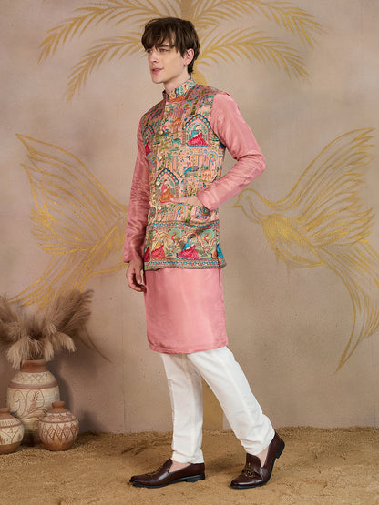 BLUSH PINK KURTA SET WITH MULTICOLOUR JEKARD NEHRU JACKET