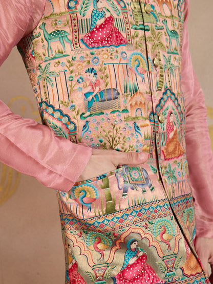 BLUSH PINK KURTA SET WITH MULTICOLOUR JEKARD NEHRU JACKET