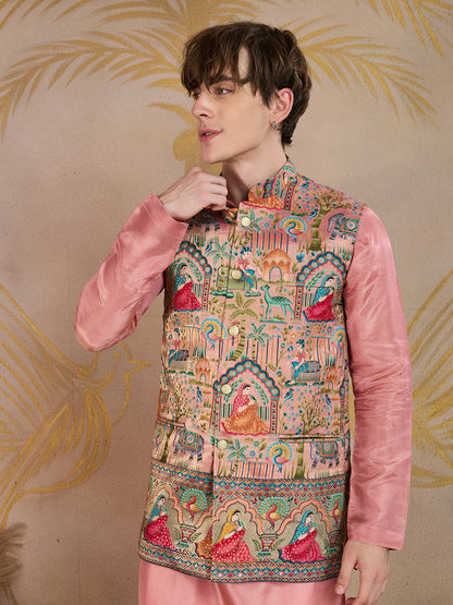 BLUSH PINK KURTA SET WITH MULTICOLOUR JEKARD NEHRU JACKET