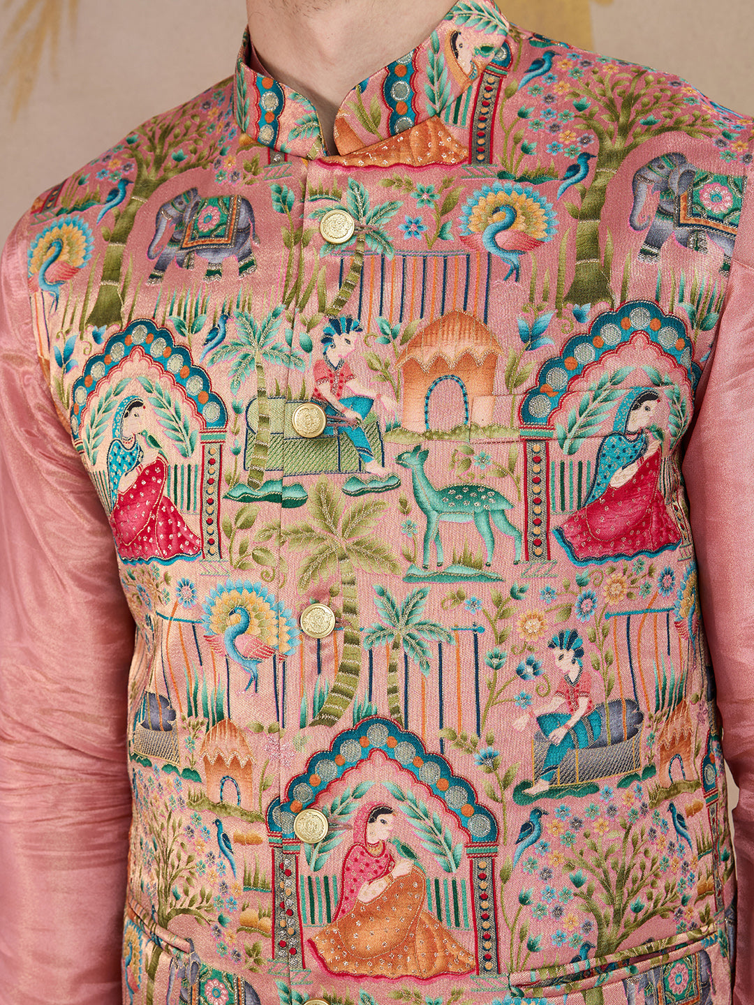 BLUSH PINK KURTA SET WITH MULTICOLOUR JEKARD NEHRU JACKET