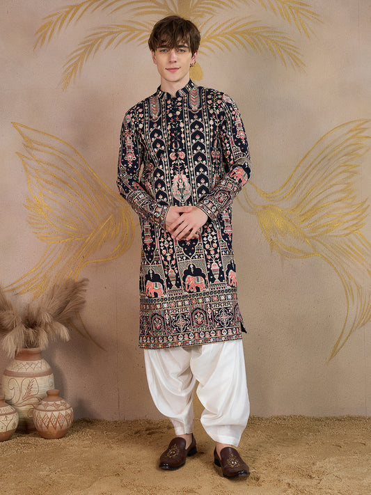RAJDEEP NAVY BLUE HERITAGE KURTA SET