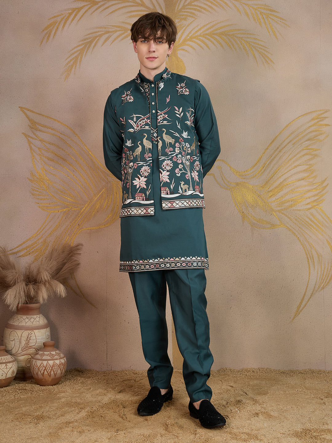 EMERALD GREEN EMBROIDERY NEHRU JACKET KURTA SET