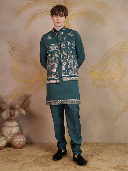 EMERALD GREEN EMBROIDERY NEHRU JACKET KURTA SET