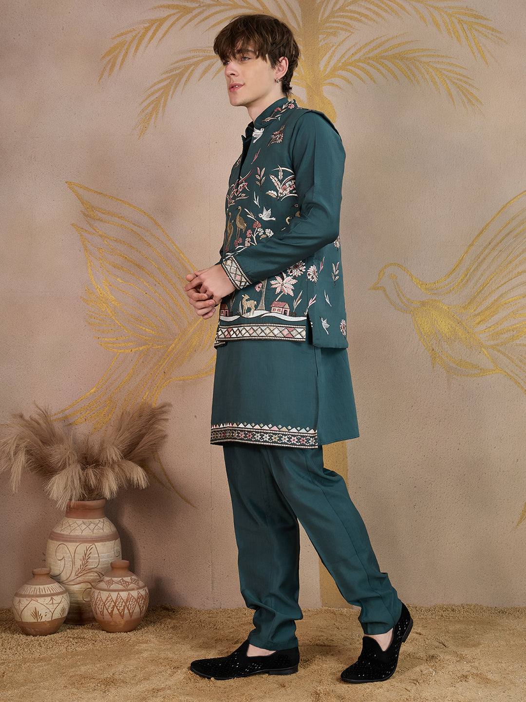 EMERALD GREEN EMBROIDERY NEHRU JACKET KURTA SET