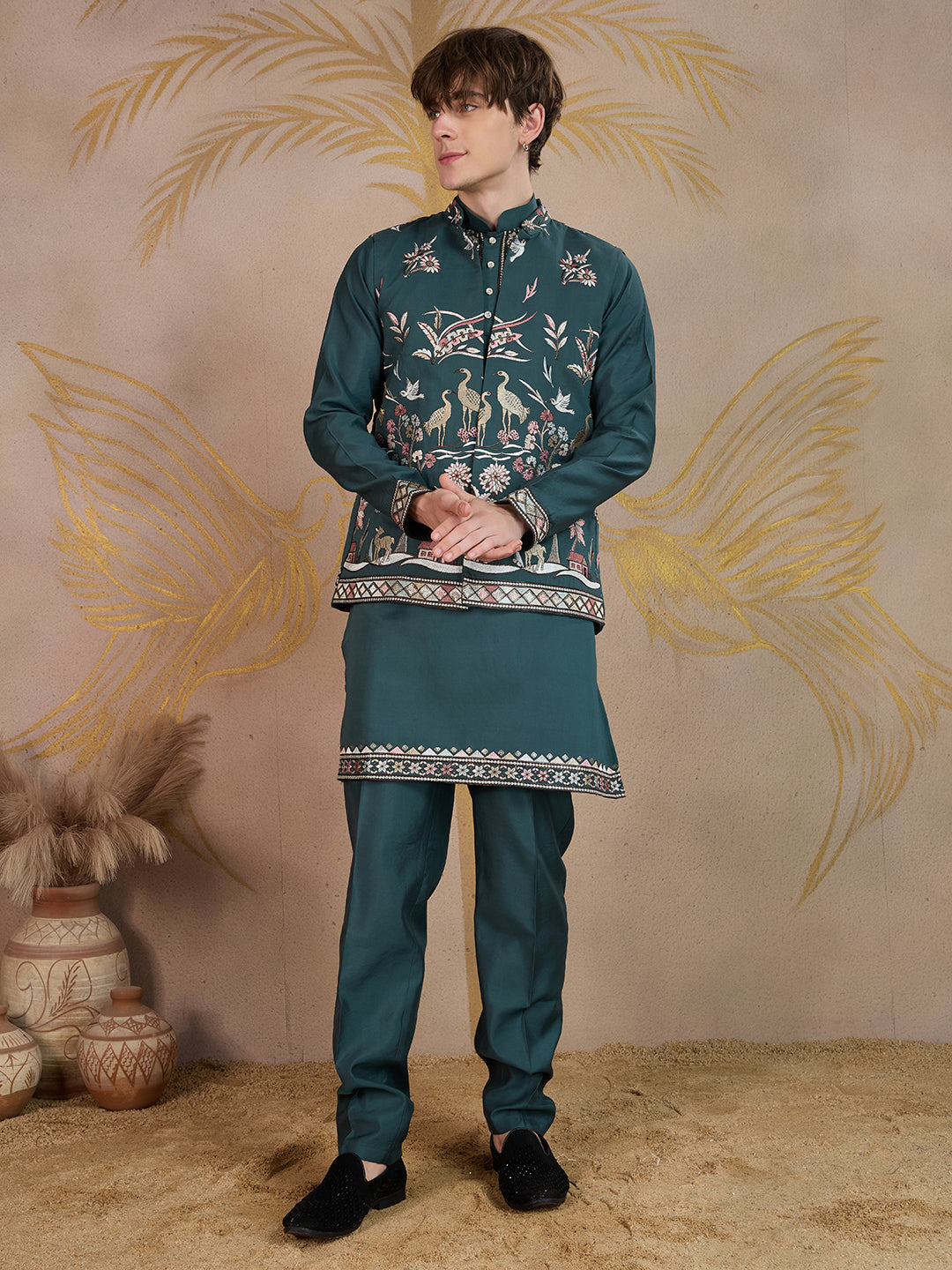 EMERALD GREEN EMBROIDERY NEHRU JACKET KURTA SET
