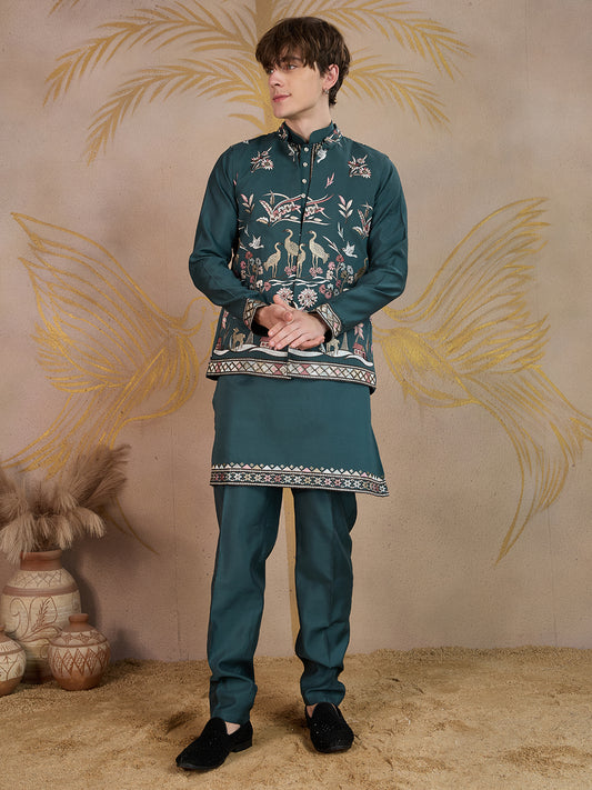 EMERALD GREEN EMBROIDERY NEHRU JACKET KURTA SET