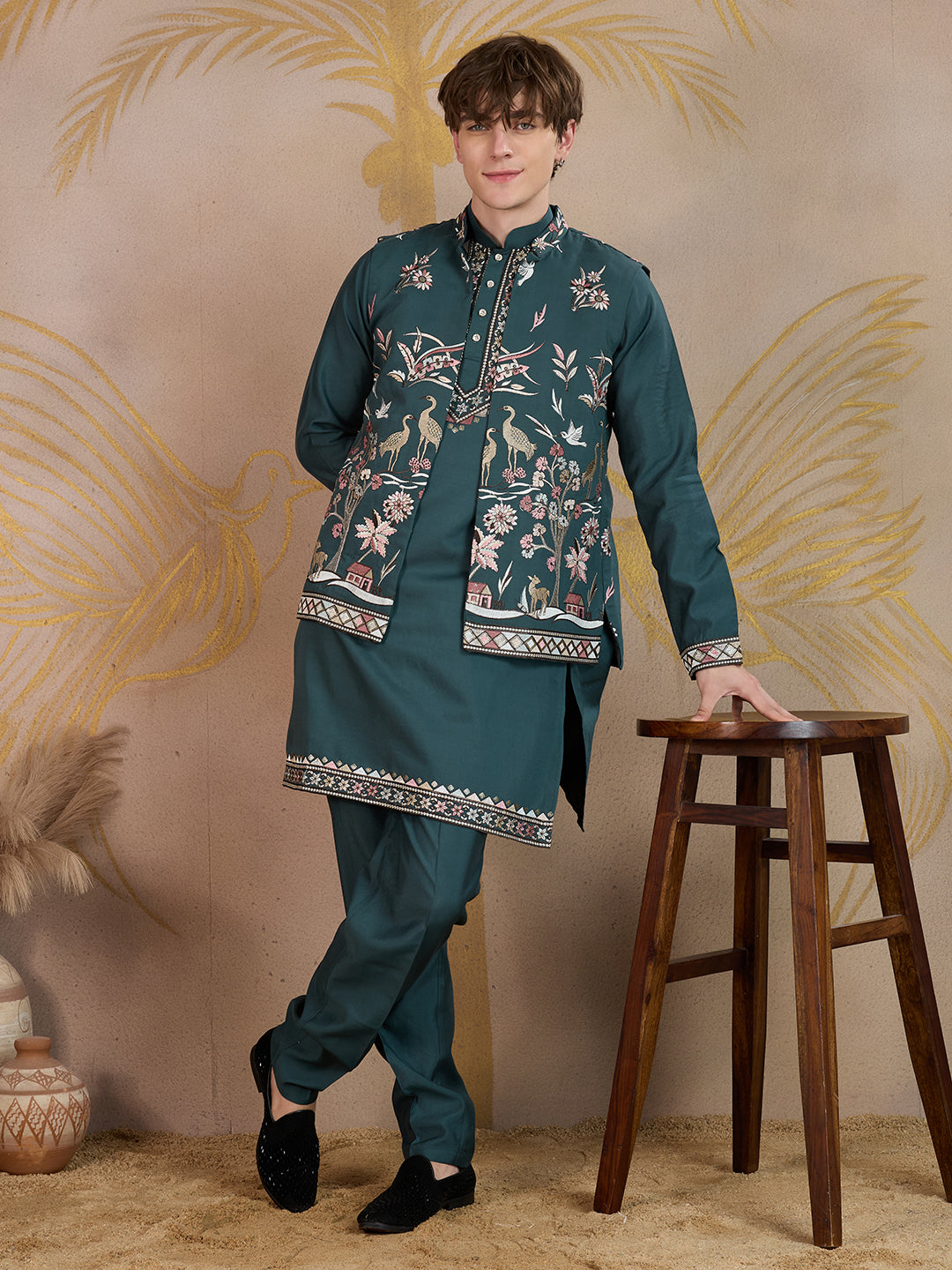 EMERALD GREEN EMBROIDERY NEHRU JACKET KURTA SET