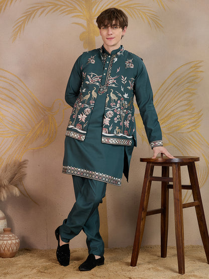 EMERALD GREEN EMBROIDERY NEHRU JACKET KURTA SET