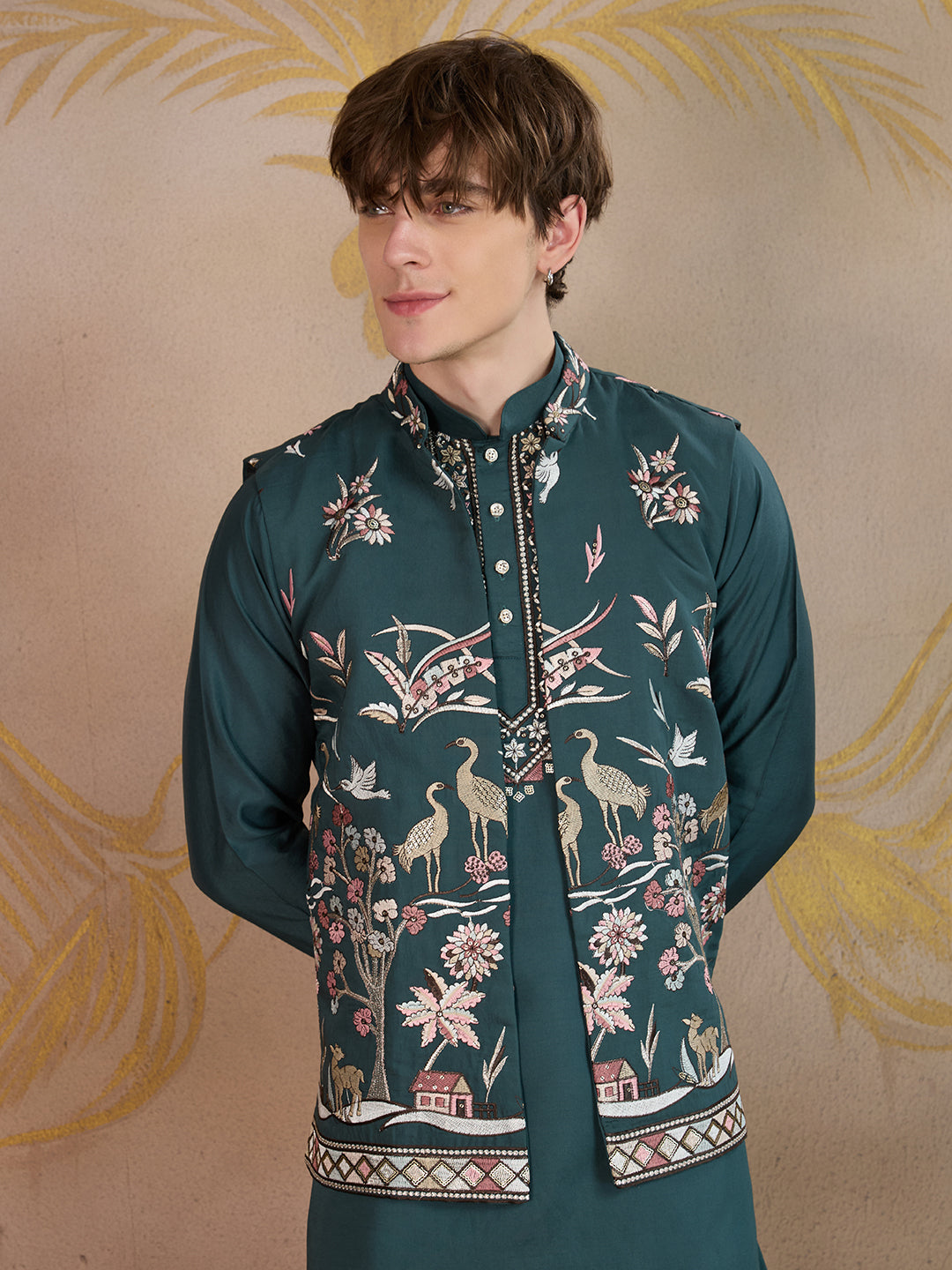 EMERALD GREEN EMBROIDERY NEHRU JACKET KURTA SET